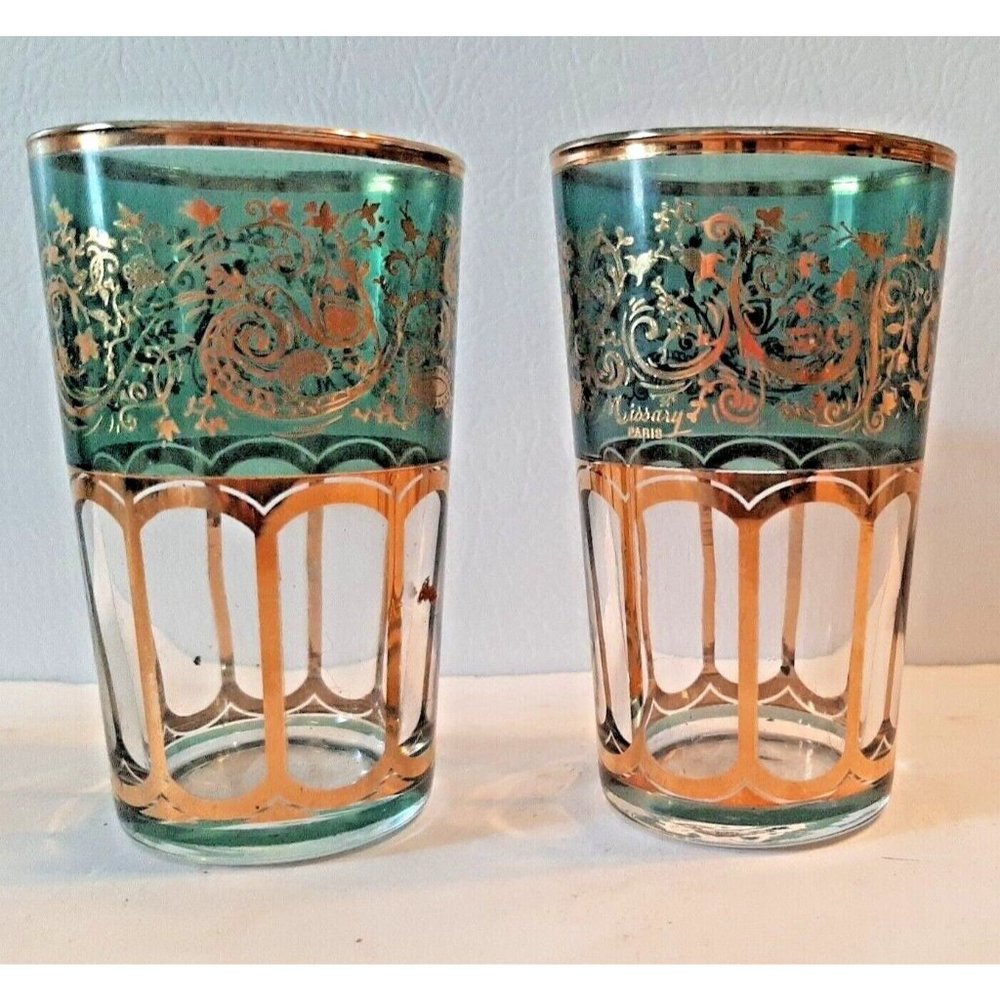 2 Moroccan Tea Glasses Missary Paris Green and Gold Juice Paisley - Picture 1 of 12
